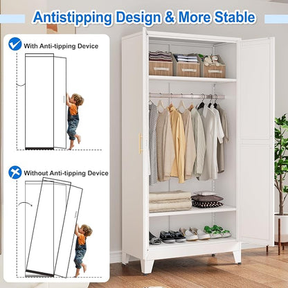 PAOFIN 71" Metal Armoire Wardrobe Closet, Bedroom Clothing Storage Cabinet with Hanging Rod, Freestanding White Armoire Cabinet with Adjustable Shelves