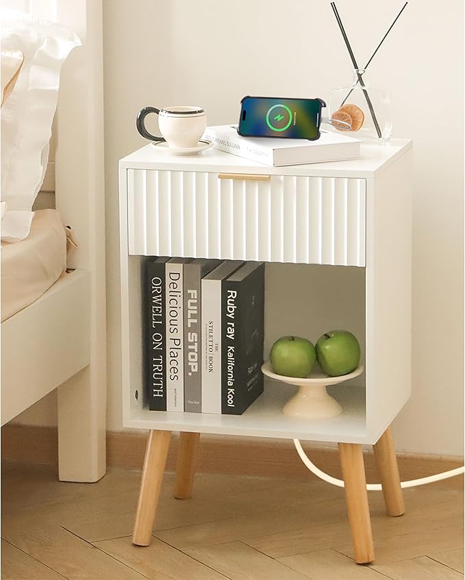 Fultyle White Nightstand with Charging Station, Mid Century Modern Bedside Table with Drawers and Outlet, Side Tables Living Room, Wooden Night Stand for Bedroom, Office (White)