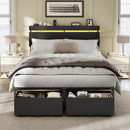 Forestell Full Size Bed Frame with Wood Headboard, Black Platform Bed with 2 Storage Drawers & Shelf, Built in Charging Station & LED Lights, Metal Support, No Box Spring Needed, Camas Full