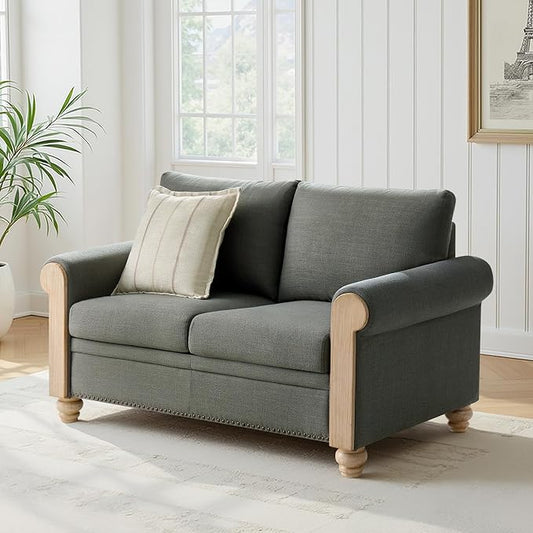 Farmhouse Loveseat with Rolled Arms,Stripe Modern Sofa with Brushed Wood Gourd Feet & Copper Nailhead Trim, Linen Fabric Upholstered Couches for Living Room, Charcoal