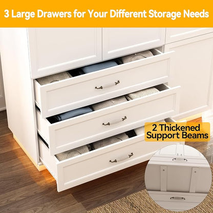 72" Armoire Wardrobe Closet with 3 Door Wooden Bedroom Armoire with LED Light 3 Drawers Large Modern Wardrobe Cabinet with Retro Ceramic Door Handles and Removable Hanging Rod White