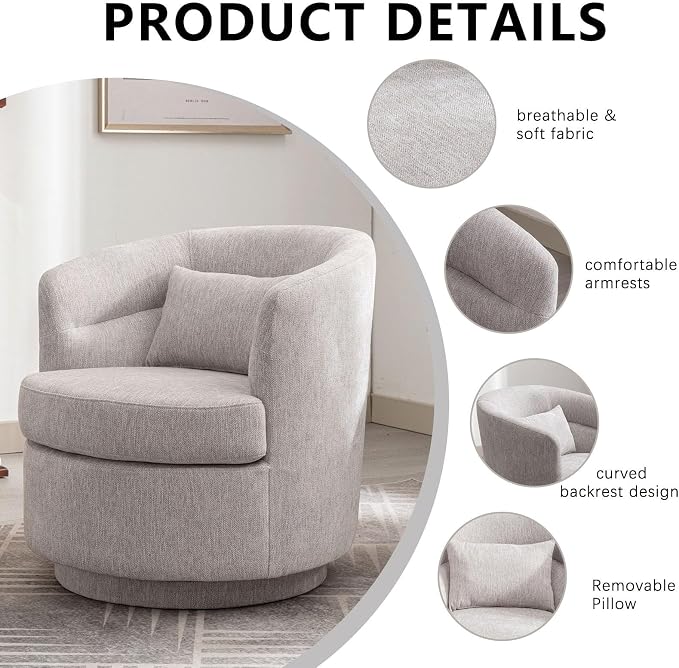 CANMOV Swivel Accent Chair Set of 2, 360 Degree Round Swivel Barrel Chair with Pillow, Upholstered Comfy Barrel Armchair Single Club Sofa Chair for Living Room, Bedroom, Reading Room, (Grey*2)
