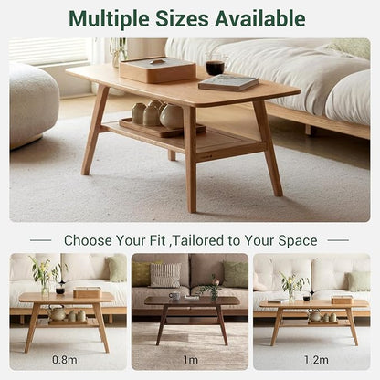 100% Solid Wood Coffee Table for Living Room, 47.24" Mid Century Modern Tables with Shelf Storage, 2-Tier Coffee Table with Rounded Corners (Oak Wood Log Color, 47.24" L)