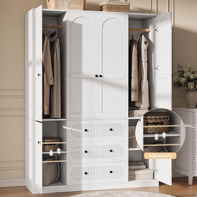 TOKSOM 4 Doors Freestanding Armoire Wardrobe Closet, 72" White Wardrobe Armoire Wooden Closet Large Capacity Storage with 3 Drawers & 3 Hanging Rod Shelves Clothes Organizer