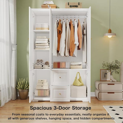 Armoire Wardrobe Closet with Drawers: Large White Wardrobe Closet with 3 Doors and 2 Drawers, Wooden Bedroom Armoires Storage Cabinet with Hanging Rod and Shelves (47")