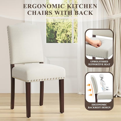 Upholstered Parsons Dining Chairs Set of 6, Modern Dining Room Chairs with Back, Fabric Kitchen Side Chairs with Wood Legs, Nailhead Trim for Dinner Farmhouse Restaurant, Beige