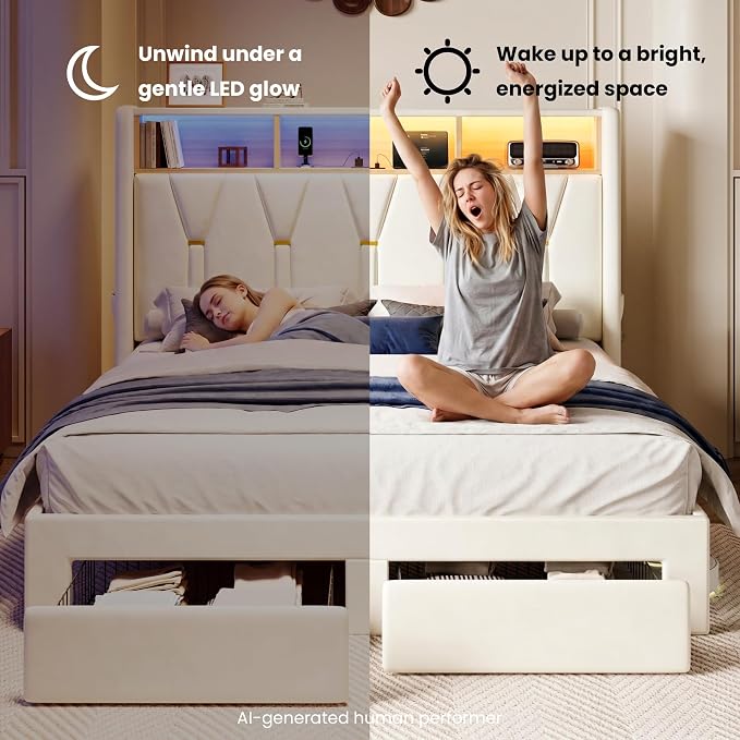 SHA CERLIN Queen Velvet Platform Bed Frame with 2 Storage Drawers, LED Storage Headboard with Charging Station, Upholstered Wingback Headboard, Noise-Free, No Box Spring Needed, Easy Assembly, White