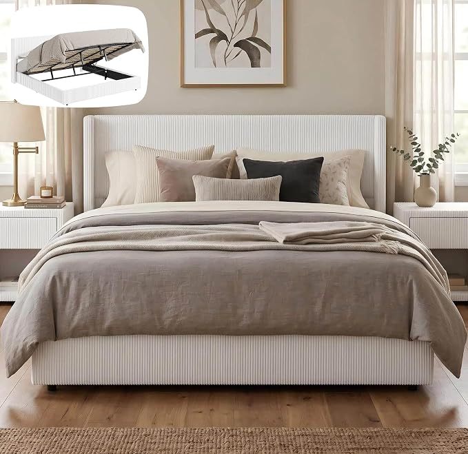 Garvee King Lift Up Storage Bed Frame, Corduroy Upholstered Platform Bed with Gas Lift, Padded Headboard, Wooden Slat Support, No Box Spring Needed, Easy Assembly, White
