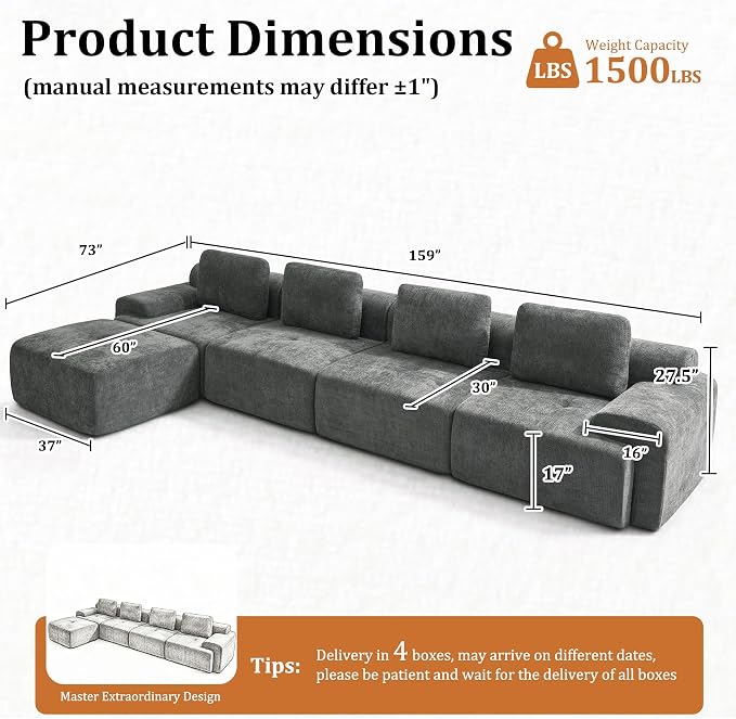 159" L Shaped Oversized Boneless Couch, Comfort Cloud Sectional Couches for Living Room, Modular Sofa High Back & Extra Deep Seat, No Assembly, Soft Chenille (Dark Grey, 159 inch-L shaped（4+1）)