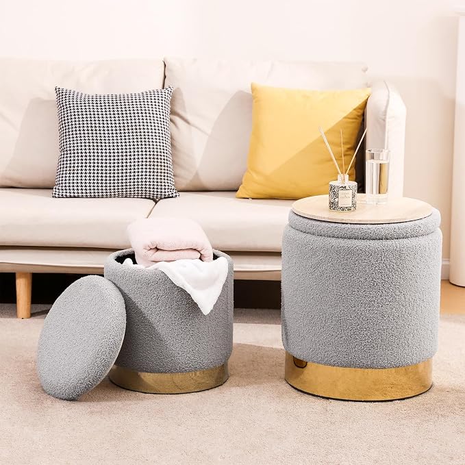 Round Ottoman with Storage Set of 2 Vanity Stool, Footstool with Removable Lid Small Ottoman Stool Small for Living Room, Bedroom, Hallway, Dorm, Assembly Free Teddy Fleece (Sherpa Gray)