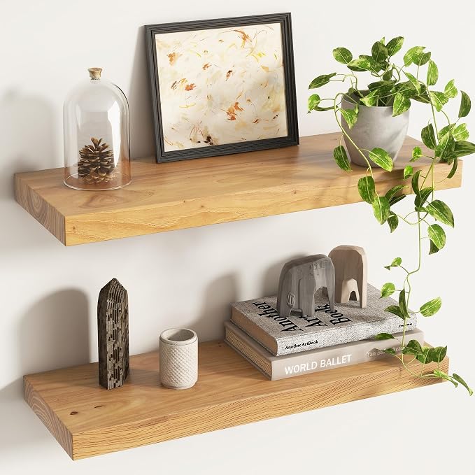 Floating Shelves for Wall Decor, 8" Deep Solid Elm Wood Floating Shelves Wall Mounted, Rustic Wall Shelves with Invisible Bracket for Living Room Bathroom Bedroom Kitchen, 24 Inch Set of 2, Natural