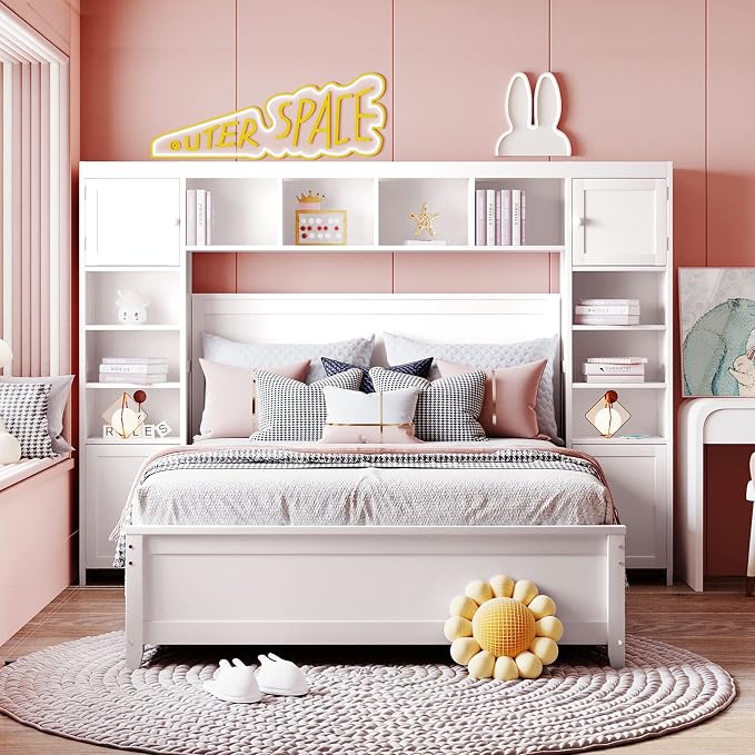 Merax Full Size Wooden Bed with All-in-One Cabinet and Shelf, White Bed Frame with 4 Storage Drawers