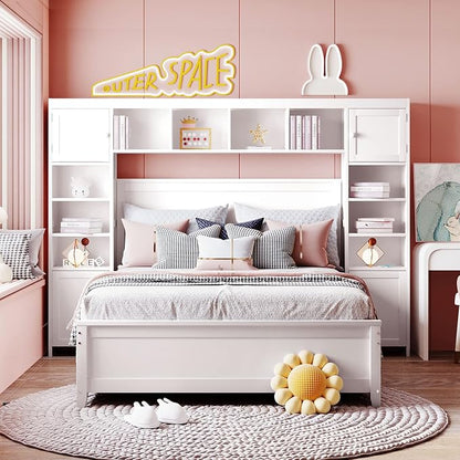 Merax Full Size Wooden Bed with All-in-One Cabinet and Shelf, White Bed Frame with 4 Storage Drawers