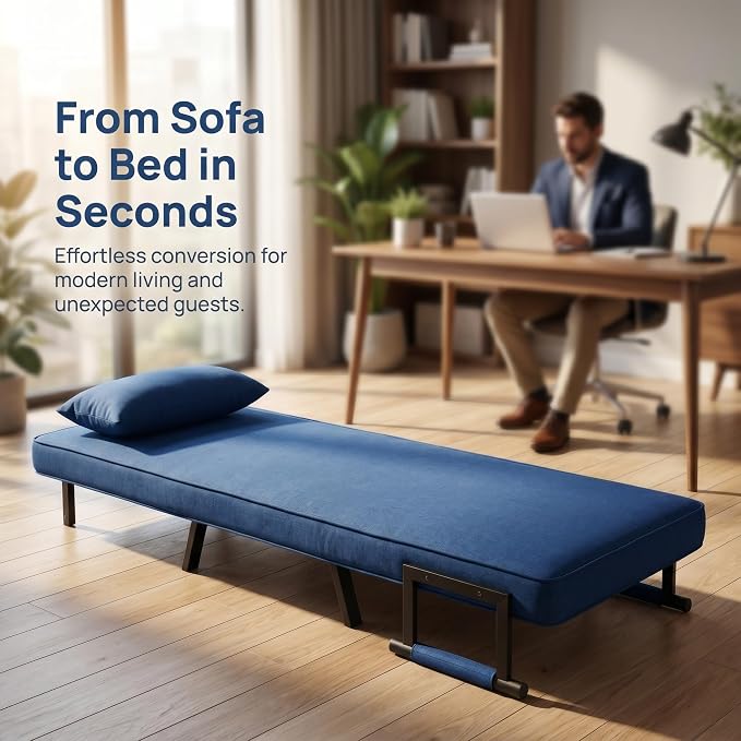 5 in 1 Convertible Bed Sleeper Chair, Chair Bed for Adults with 5 Adjustable Backrest, Folding Chaise Lounge Couch with Pillow, Comfortable for Living Room Bedroom Apartment Office, Blue