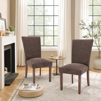 Parsons Dining Chairs Set of 2, Upholstered Nailhead Dining Room Kitchen Side Chair with Thick Cushions and Wood Legs, Brown
