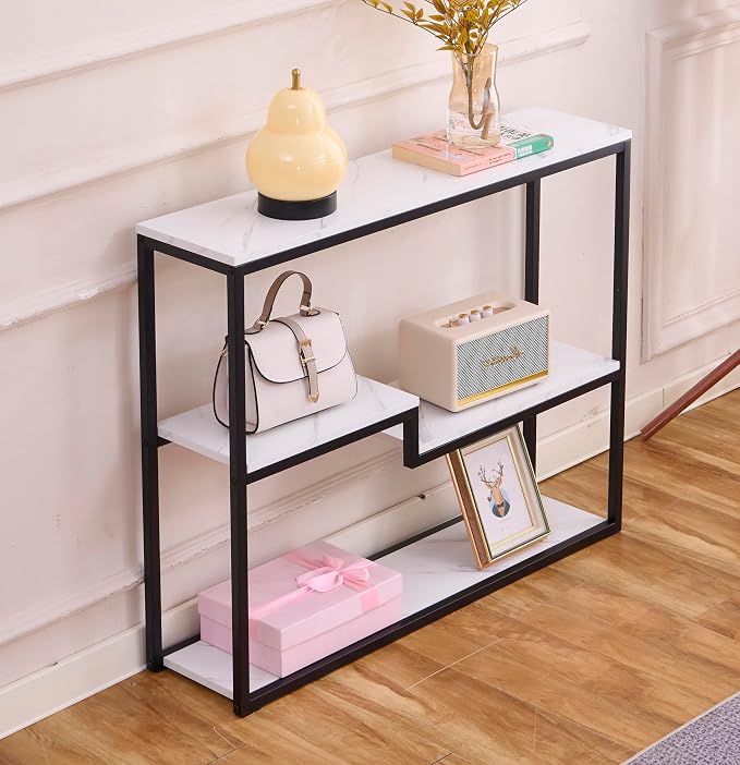 loglus Console Table for Entryway, Faux Marble MDF Sofa Table with Golden Frame, Multilayer, Black Frame, 9.45" D x 38.18" W x 31.22" H