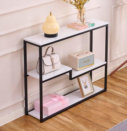 loglus Console Table for Entryway, Faux Marble MDF Sofa Table with Golden Frame, Multilayer, Black Frame, 9.45" D x 38.18" W x 31.22" H
