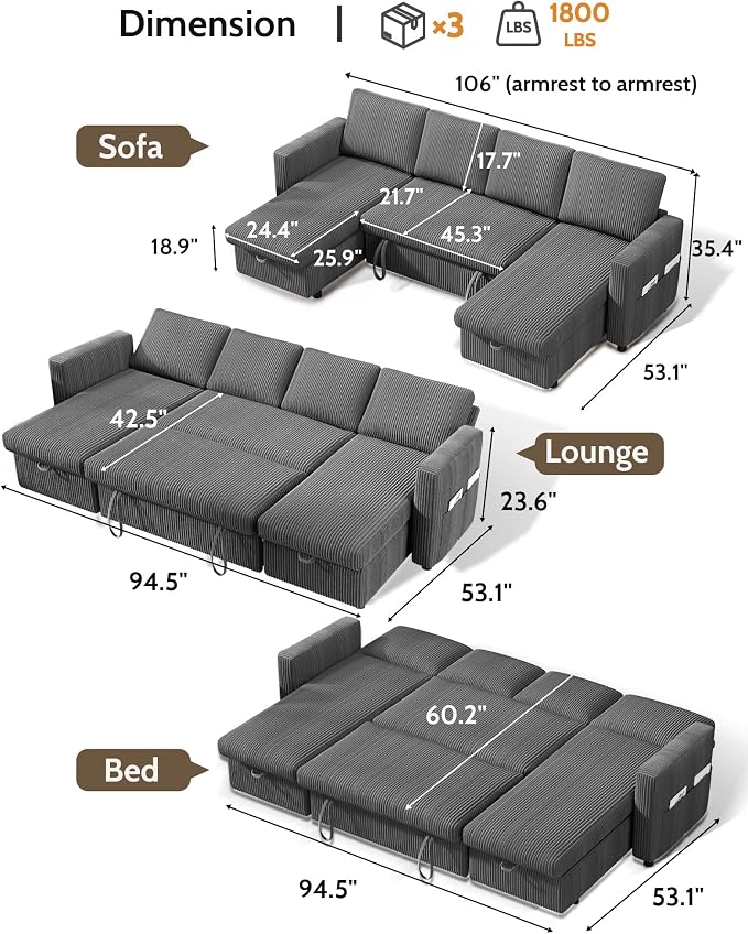 WEUP 106" U Shaped Sectional Sleeper Sofa Bed with Pull Out Bed, Sectional Sleeper Couch Pull Out Couch with Reclining Backrest/Reversible Storage Chaise/USB Ports/Tool-Free Assembly, Corduroy Grey