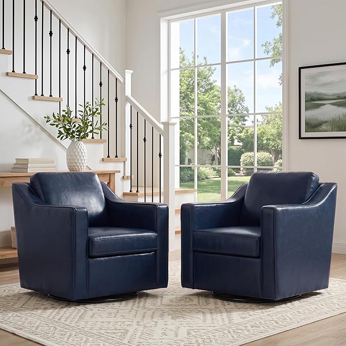 Swivel Accent Chair Set of 2, Modern Round Barrel Arm Chair for Living Room, Bedroom, Comfy Club Reading Chairs for Adults, Leather Navy Blue