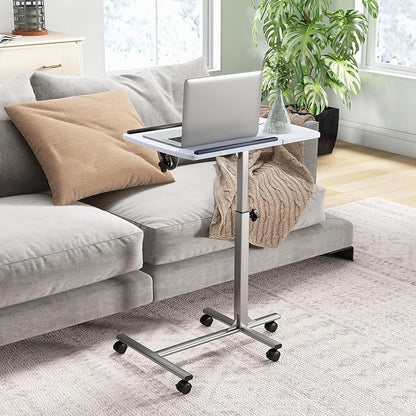 Tangkula Mobile Overbed Table Couch Table, Rolling Angle & Height Adjustable Laptop Stand Cart, Desk with Smooth & Lockable Wheels, Tray Table for Bed Sofa Side Table (White)