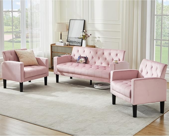 TYBOATLE Mid-Century Modern Tufted Pink Velvet Loveseat Sofa Set w/ 2 USB & 2 Cupholders, 3 Piece Living Room Furniture Sets, Small Love Seat Couches for Small Space Apartment Bedroom Office