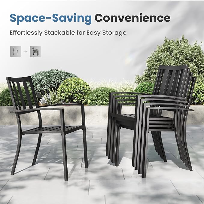 PHI VILLA 5pc Outdoor Table and Chairs,37" Square Table w/Umbrella Hole | Perfect for patio, deck, porch, backyard. Includes 1 black square metal table and 4 stackable wrought iron chairs.