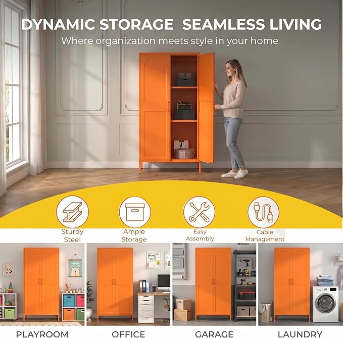Lockable Closet Metal Wardrobe 67" Orange 2 Door Wardrobe Bedroom Storage Cabinet Adjustable shelf Multi functional metal Storage Cabinet with hanging rail for domestic use 18.1" D x 31.5" W x 67" H