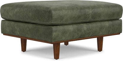SIMPLIHOME Morrison 33 inch Wide Ottoman in Moss Green Genuine Leather, Multifunctional Footrest, Coffee Table, and Extra Seating for Living Room, Mid-Century Modern Style