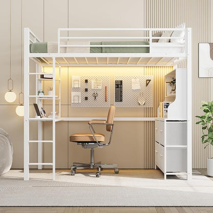 Twin Size Loft Bed with Desk, 4 Large Fabric Drawers and Open Shelves, Heavy Duty Metal Loft Bed with LED Lights, Power Outlets, Safety Guardrails & Ladder, Space Saving, No Box Spring Needed, White
