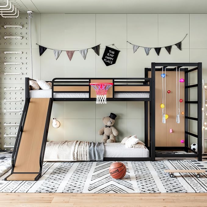 Harper & Bright Designs Heavy Duty Metal Bunk Bed with Slide and Basketball Hoop, Twin XL Size Bunk Bed with Bookshelf and Pull-up Rings for Bedroom, Black+Yellow
