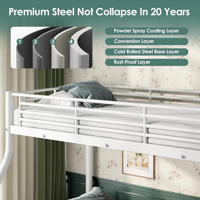 Twin XL Over Queen Bunk Bed Size, Heavy Duty Bunk Beds with Bottom Space & Guardrail Metal Bunk Bed Frame for Adults Dorm Bedroom Guest Room, No Box Spring Needed（Upgrate White）