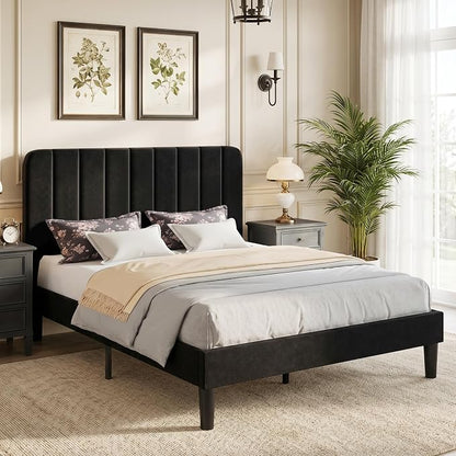 VECELO Full Size Bed Frame with Upholstered Headboard, Velvet Platform Bedframe Mattress Foundation, Strong Wood Slat Support, No Box Spring Needed,Black