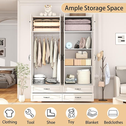 Armoire Wardrobe Closet with Drawers: Bedroom Armoires with Hanging Rod, Wooden Closet Cabinet for Hanging Clothes, Tall Wardrobes Closets with Doors and Shelves (White, 63")