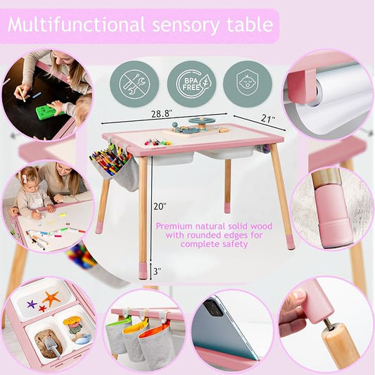 Sensory Table for Toddlers Wooden Montessori Adjustable Activity Table | Adjustable height grows with child · 3 sensory bins · Converts to activity table · Montessori open-ended play · Storage bags