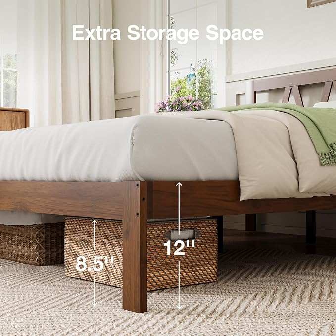 Novilla 12 Inch Queen Bed Frame with Headboard Bed Frame Queen Size Solid Wooden Bed Frame Foundation with Wood Slat Support, No Box Spring Needed, Easy Assembly, Walnut