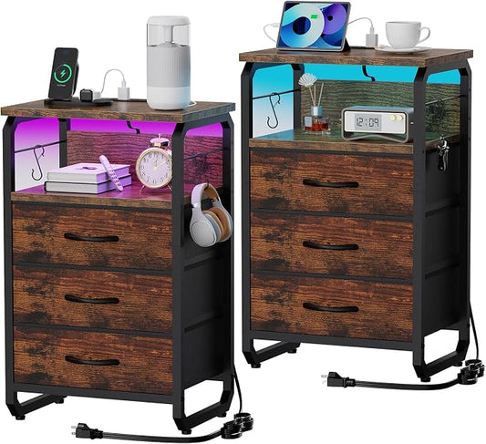 runjuly Night Stand Set 2, Nightstand with LED Lights and Fabric Drawers, Matching End Tables with Charging Station USB C Port, Bedside Tables with Hooks for Bedroom, Rustic Brown
