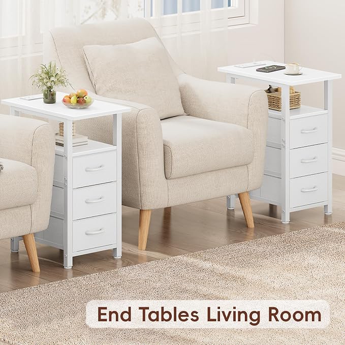 Vagusicc Set of 2 White Night Stand with Charging Station, Narrow Nightstand with U-S-B Ports and Outlets, Small Night Stand 3 Fabric Storage Drawers, Small Bedside Table