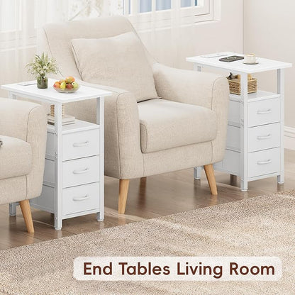 Vagusicc Set of 2 White Night Stand with Charging Station, Narrow Nightstand with U-S-B Ports and Outlets, Small Night Stand 3 Fabric Storage Drawers, Small Bedside Table