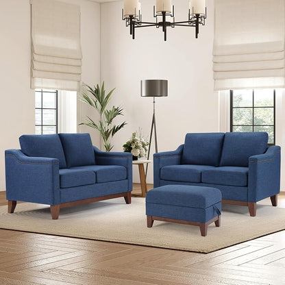 HAOMARKETS 3 Piece Fabric Sofa Set with Nailhead Trim, Included 2 Loveseat 2-Seater Couches with Thicked Cushion and Upholstered Storage Ottoman with Flip-Top Table, Living Room Furniture Set,Blue
