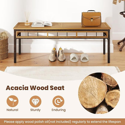 Tangkula 3 Pieces Wood Patio Dining Set, Outdoor PE Wicker Rectangular Acacia Wood Table and 2 Cushioned Benches with 1.97” Umbrella Hole, Outside Furniture Set for Deck, Garden and Backyard