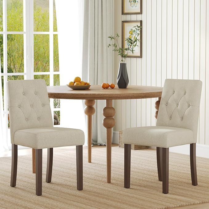 Upholstered Dining Chairs Set of 2, Modern Fabric Dining Chairs with Tufted Design, Kitchen Side Chairs, Farmhouse Dinner Chair with Wood Legs for Kitchen Restaurant Living Room, Beige