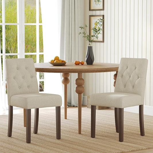 Upholstered Dining Chairs Set of 2, Modern Fabric Dining Chairs with Tufted Design, Kitchen Side Chairs, Farmhouse Dinner Chair with Wood Legs for Kitchen Restaurant Living Room, Beige