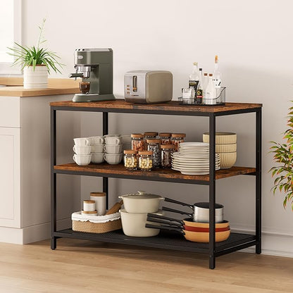 Homleke 39.4" L Kitchen Island with 3 Shelves, Kitchen Shelf with Large Workstation, Bakers Rack, Workbench, Metal Frame, Rustic Brown and Black