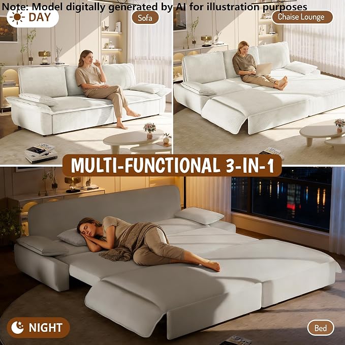 94.5" Pull Out Couch King Size, Futon Sofa Bed, 3-in-1 Convertible Sleeper Sofa Bed with Cushion Armrest, Modern Corduroy Loveseat Couches for Living Room, Small Space, Apartment, Beige