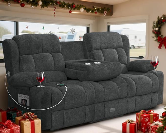 Loveseat Recliner Sofa with Flip Backrest Design, 3 Seat RV Recliner Sofa with USB Ports & Pockets, Wall Hugger Reclining Loveseat with Cup Holders & Drawer, RV Couch for Home Theater Seating