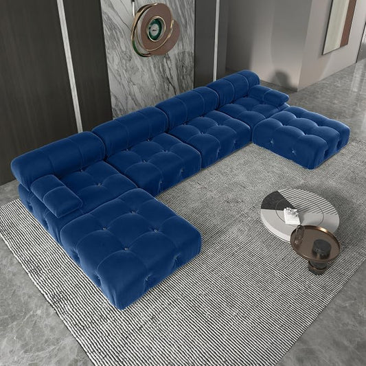 Modern Velvet Sectional Sofa, U Shape Minimalist Modular 6-Seater Couch with 2-Ottomans for Living Room Office Apartment (138in/Blue)