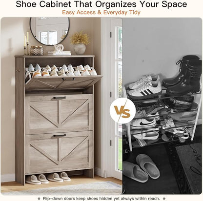 Nicetree Farmhouse Gray Shoe Cabinet – Ultra Slim 3-Drawer Flip Organizer with Shaker Barn Door Accents, 3 Adjustable Shelves, and Freestanding Compact Design, Shoe Rack Stores Multiple Pairs