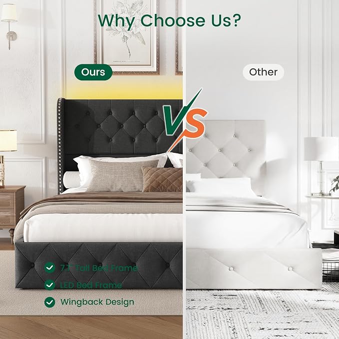 LARMACE King Size Bed Frame with LED Lights and 4 Storage Drawers Linen Upholstered Platform Bed Frame with 47.2" Tall Tufted Headboard Wingback, No Box Spring Needed, Easy to Assemble, Dark Grey