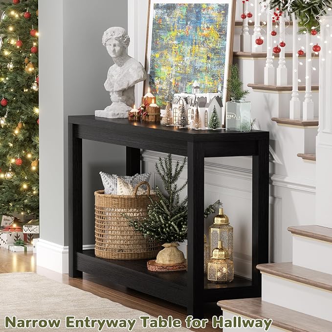 Besiost Small Farmhouse Wood Entryway Table Narrow Console Table with Storage Behind Couch Sofa Table with Shelves Entry Way Table with Open Storage, Easy Assembly, 32" Embossed Wood Grain Black