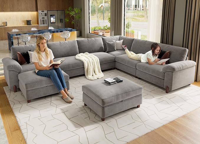 SITJOY Large Cloud Couch, 138" Wide 6 Seater V Shape, Light Gray Chenille | Detachable and Washable Chenille Cover Sectional Sofas for Living Room, Deep Seat Wide Couch with Chaise, Storage Ottoman